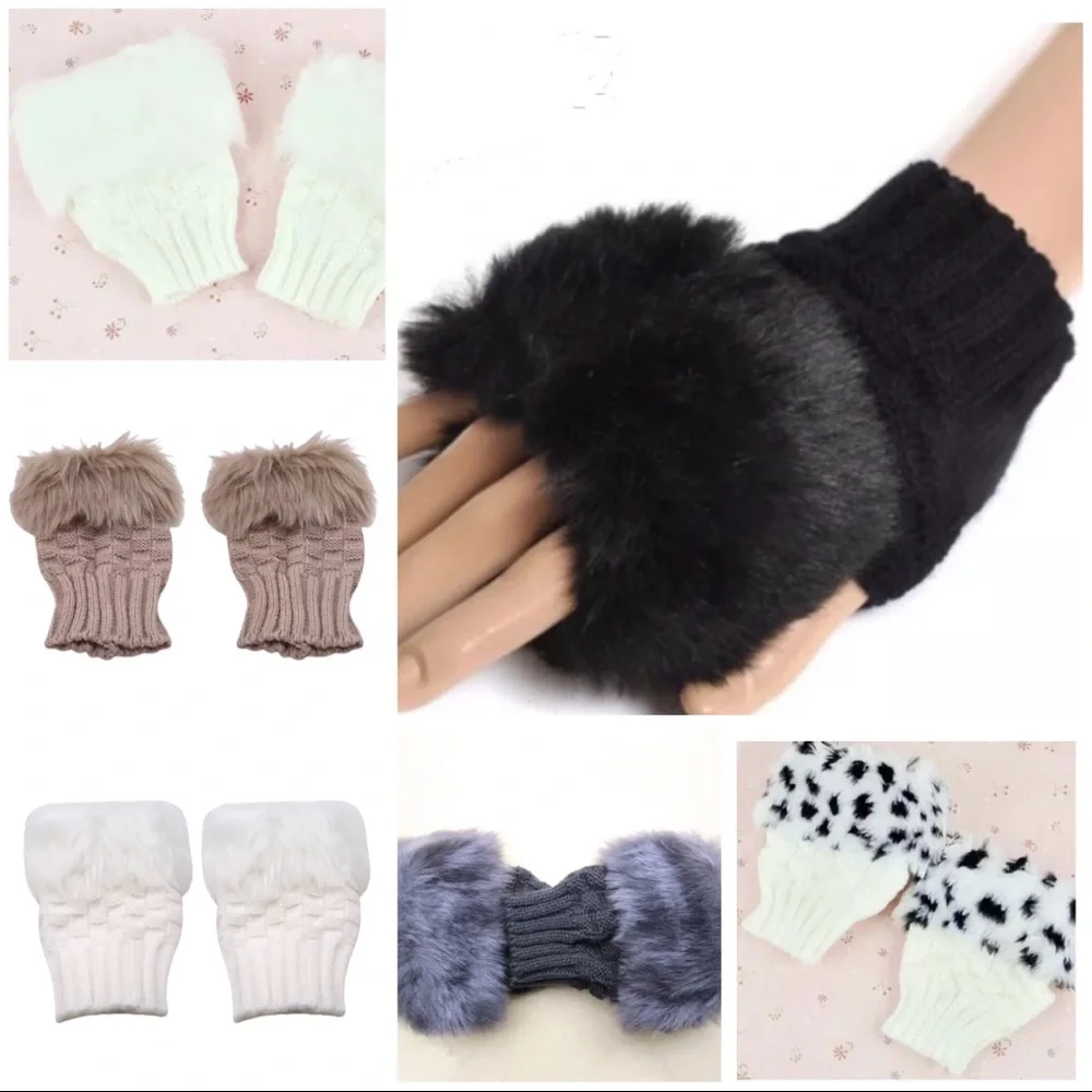 Dark Red Faux Fur Fingerless Magic Stretchy Cropped Winter Sweater Knit Gloves